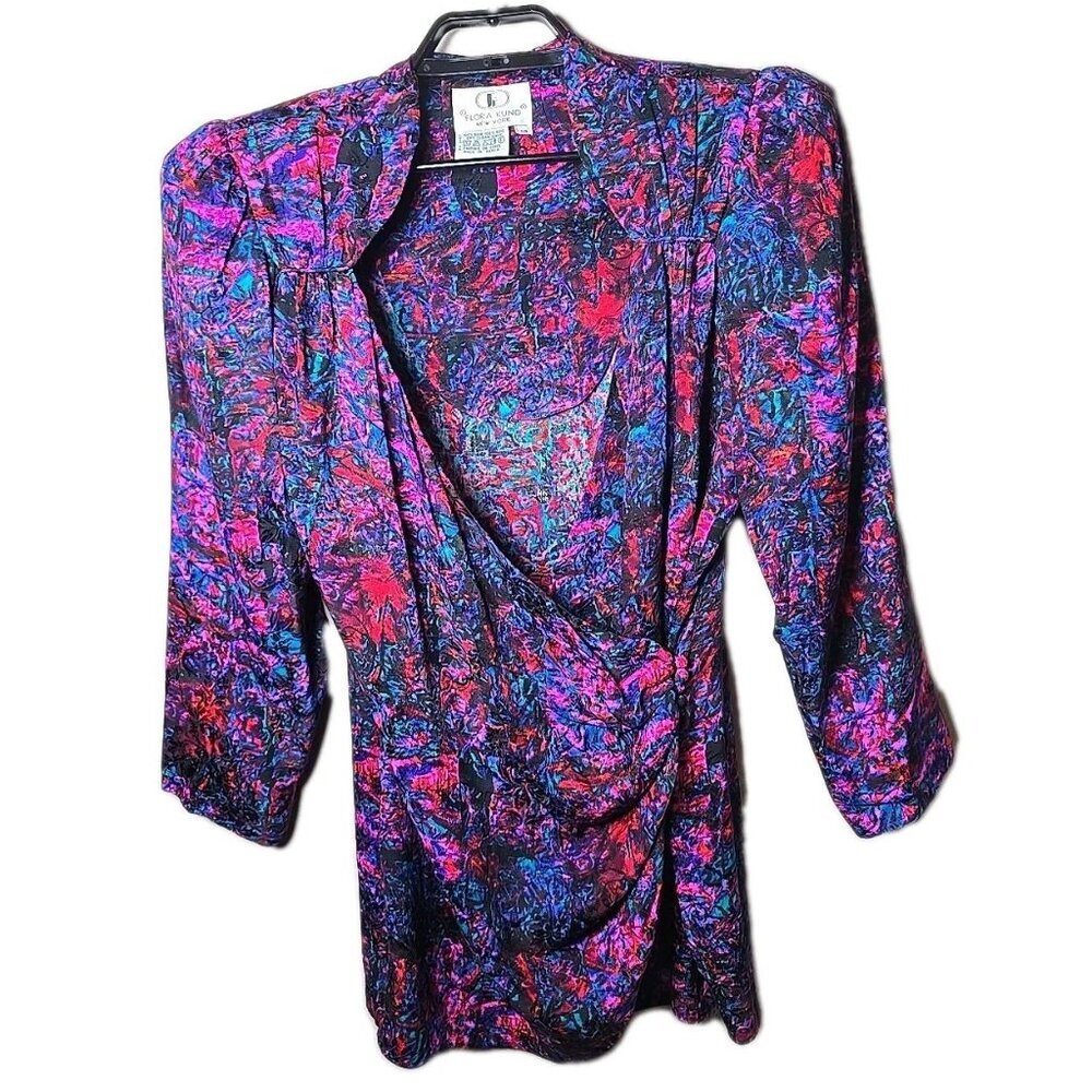 Vtg 80s Flora Kung New York Silk Wrap Blouse Abstract Print Shoulder Pads Sz 14